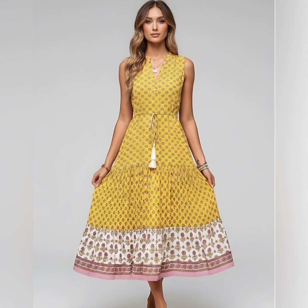 LAST ONE 🔥 Boho Print Tassel Tie Ruffle Hem Dress